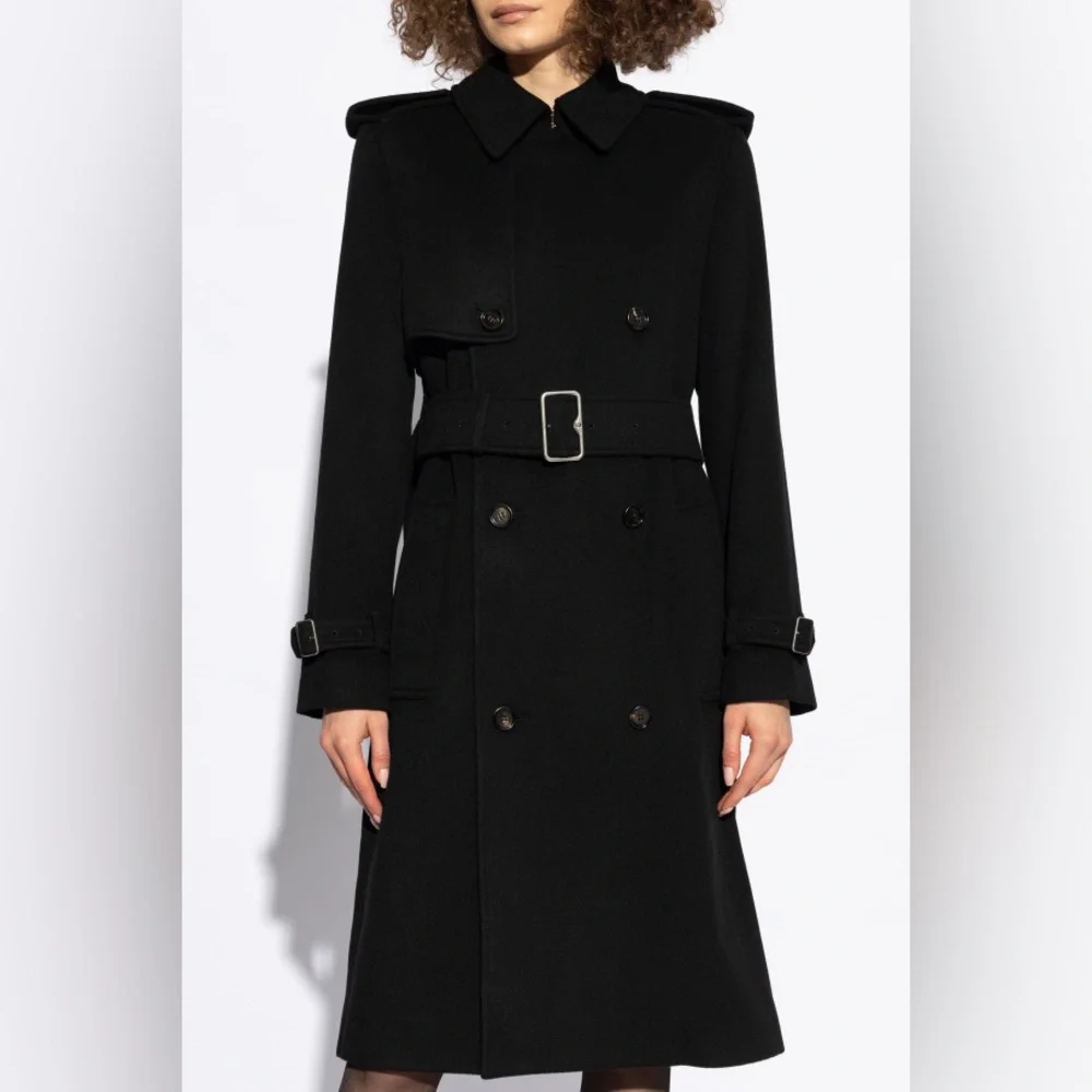 Burberry Black Double-Breasted Wool Trench Coat with Belt - Picture 2 of 16
